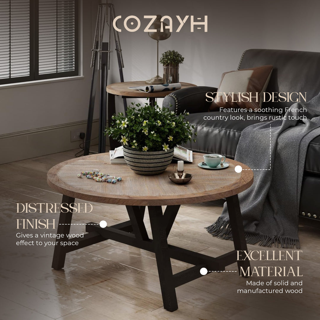 COZAYH Rustic Farmhouse Round Coffee Table with Geometric Base for Living Room