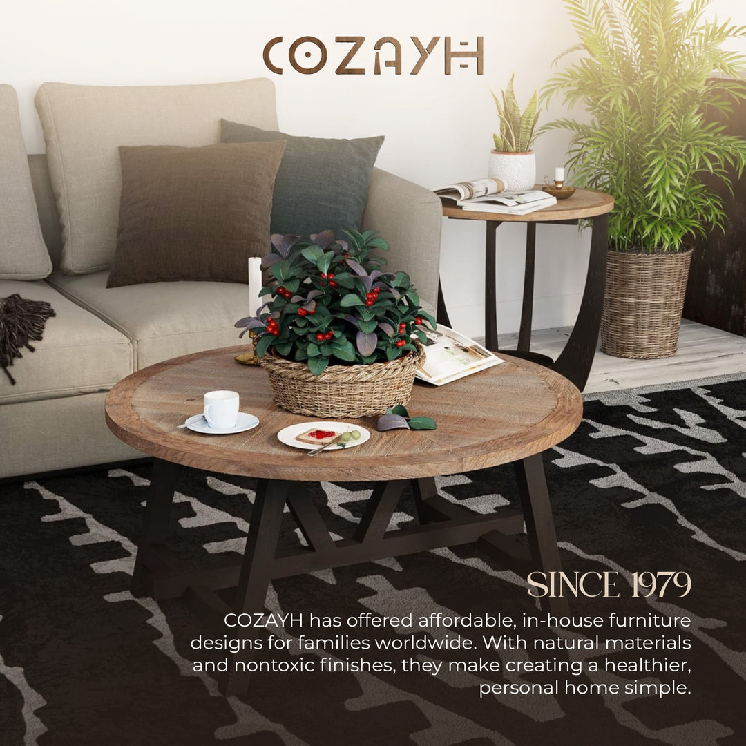 COZAYH Rustic Farmhouse Round Coffee Table with Geometric Base for Living Room