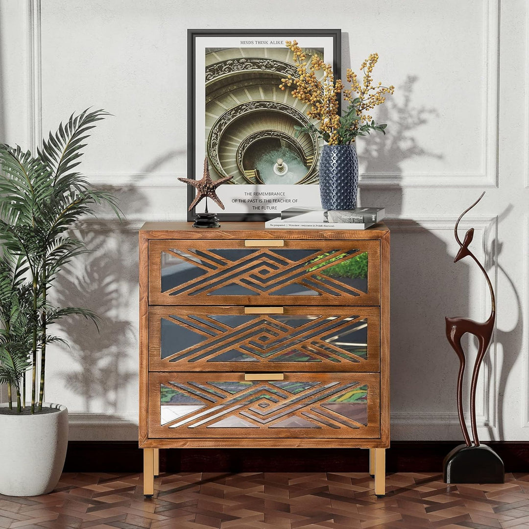 COZAYH 3-Drawer Modern Accent Dresser Mirror Front Storage Cabinet, Wood Finish