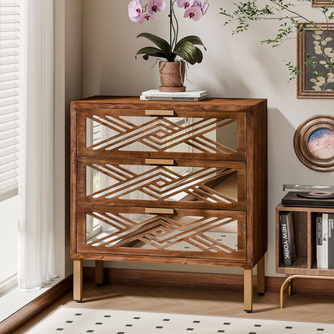 COZAYH 3-Drawer Modern Accent Dresser Mirror Front Storage Cabinet, Wood Finish