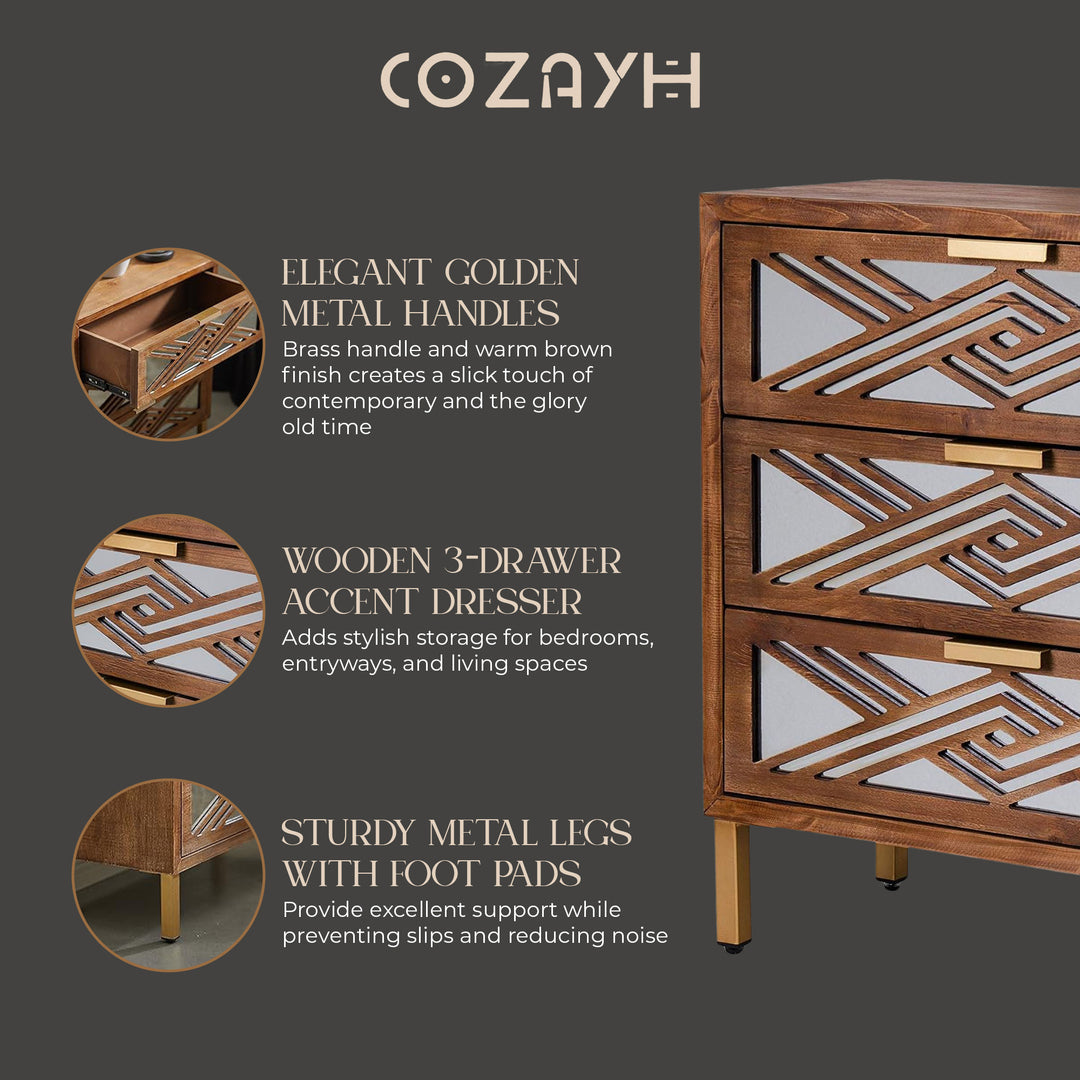 COZAYH 3-Drawer Modern Accent Dresser Mirror Front Storage Cabinet, Wood Finish