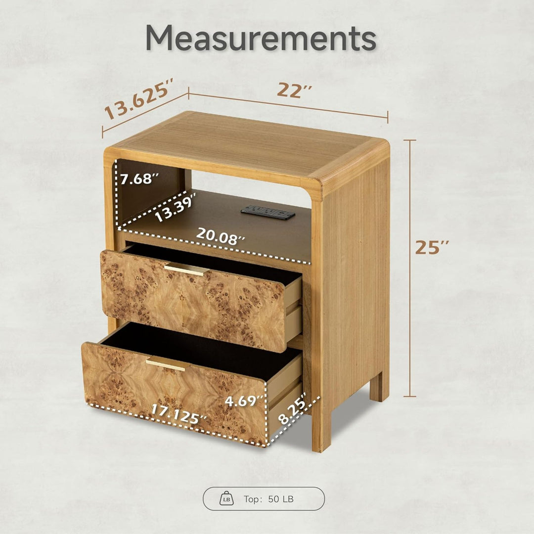 COZAYH Farmhouse 2 Drawer Bed Nightstand with Charging Station, Wood, Set of 2