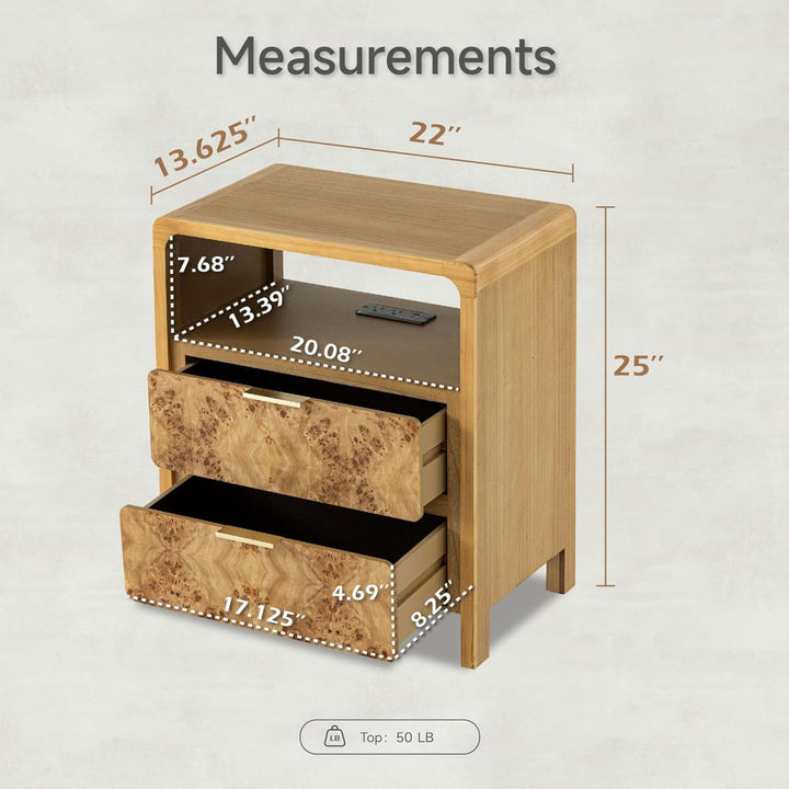 COZAYH Farmhouse 2 Drawer Bed Nightstand with Charging Station, Wood, Set of 2