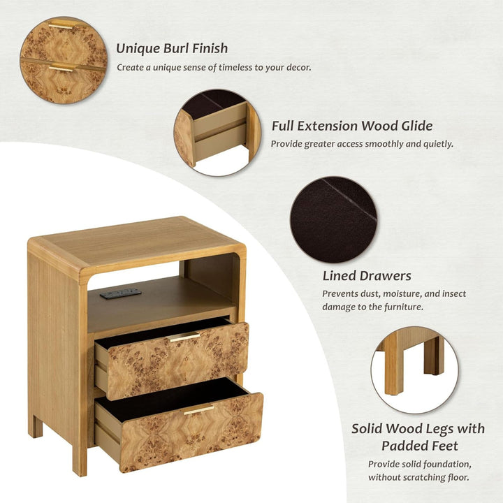 COZAYH Farmhouse 2 Drawer Bed Nightstand w/ Charging Station, Burl Wood, Natural (Open Box)