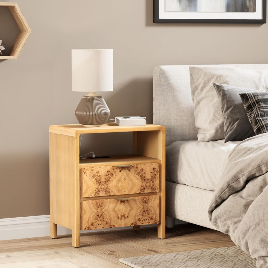 COZAYH Farmhouse 2 Drawer Bed Nightstand w/ Charging Station, Burl Wood, Natural (Open Box)