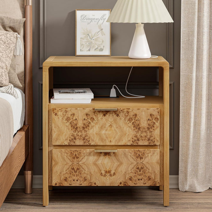 COZAYH Farmhouse 2 Drawer Bed Nightstand w/ Charging Station, Burl Wood, Natural (Open Box)