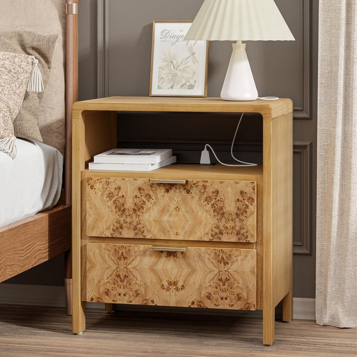 COZAYH Farmhouse 2 Drawer Bed Nightstand w/ Charging Station, Burl Wood, Natural (Open Box)