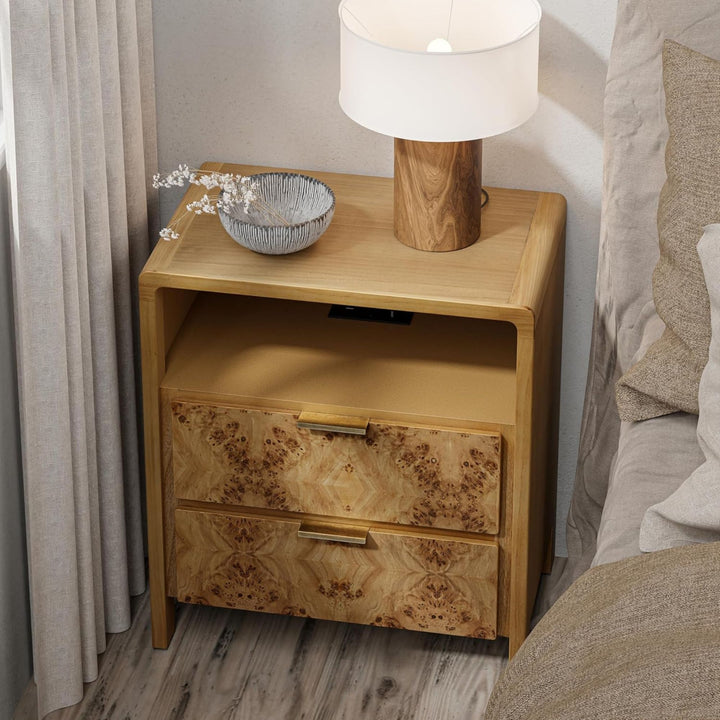 COZAYH Farmhouse 2 Drawer Bed Nightstand w/ Charging Station, Burl Wood, Natural (Open Box)