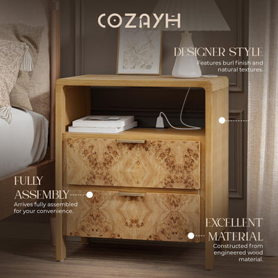 COZAYH Farmhouse 2 Drawer Bed Nightstand with Charging Station, Wood, Set of 2