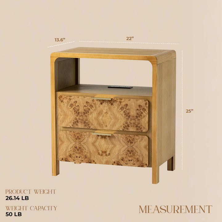 COZAYH Farmhouse 2 Drawer Bed Nightstand w/ Charging Station, Burl Wood, Natural