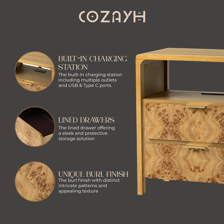 COZAYH Farmhouse 2 Drawer Bed Nightstand w/ Charging Station, Burl Wood, Natural