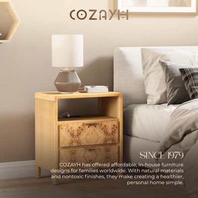 COZAYH Farmhouse 2 Drawer Bed Nightstand with Charging Station, Wood, Set of 2