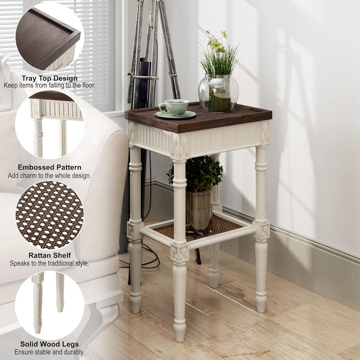 COZAYH French Country Accent End Table, Wood Tray Top Side Table, Brown & White