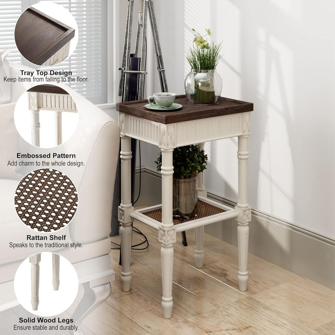 COZAYH Rustic Farmhouse Accent End Table, Wooden Tray Top, Brown/White(Open Box)
