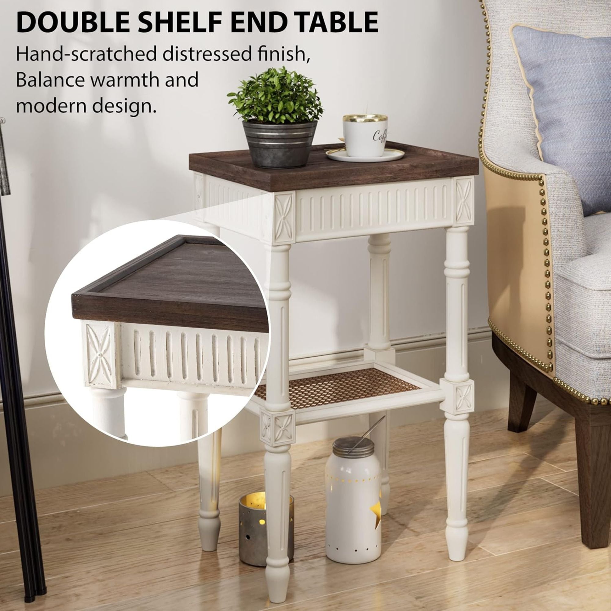 COZAYH French Country Accent End Table, Wood Tray Top Side Table, Brown & White