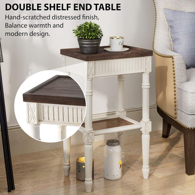 COZAYH French Country Accent End Table, Wood Tray Top Side Table, Brown & White
