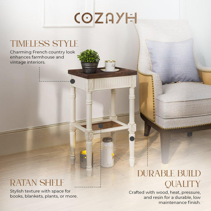 COZAYH Rustic Farmhouse Accent End Table, Wooden Tray Top, Brown/White(Open Box)
