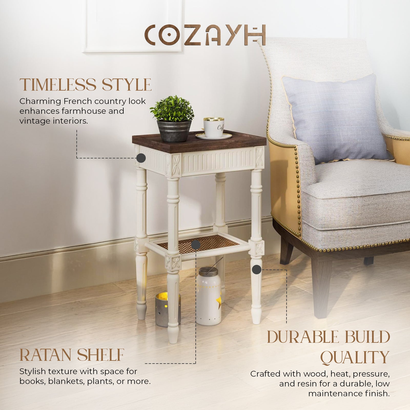 COZAYH French Country Accent End Table, Wood Tray Top Side Table, Brown & White - VMInnovations