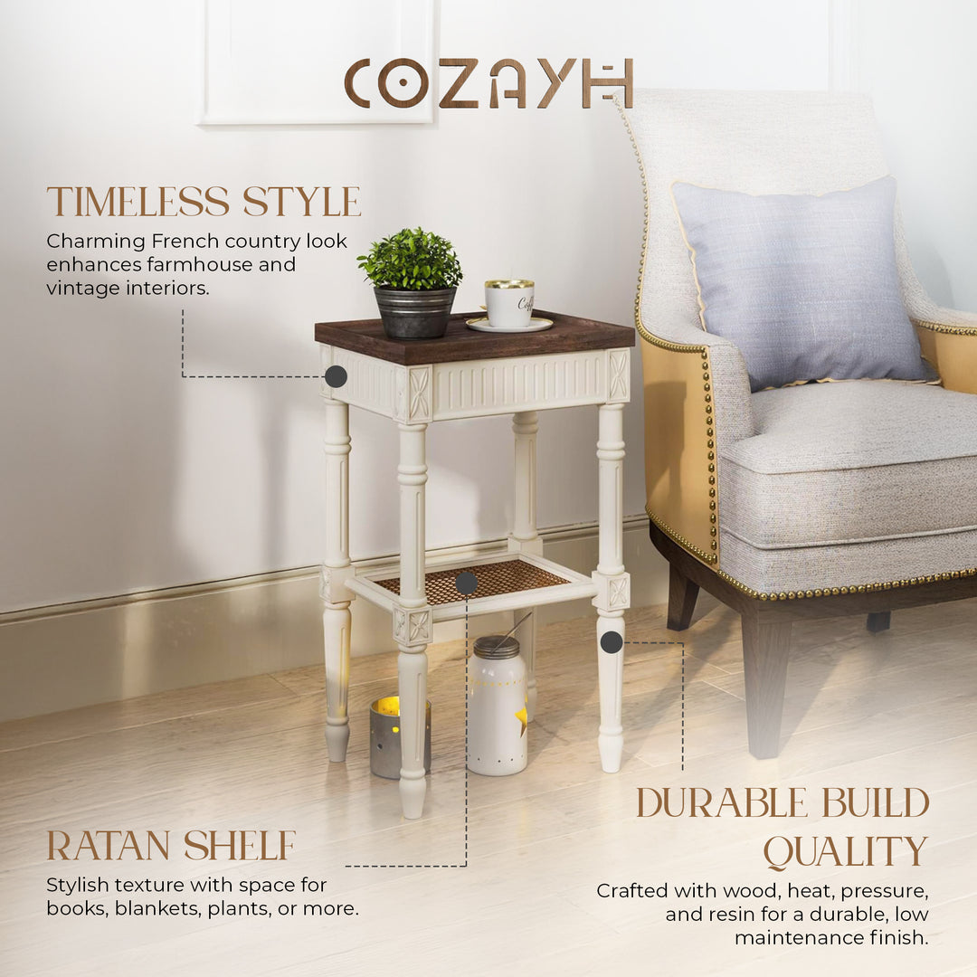 COZAYH French Country Accent End Table, Wood Tray Top Side Table, Brown & White