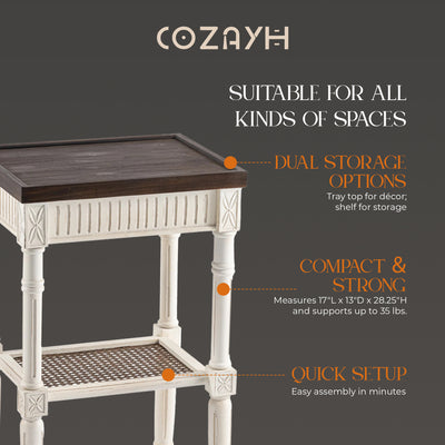 COZAYH Rustic Farmhouse Accent End Table, Wooden Tray Top, Brown/White(Open Box)