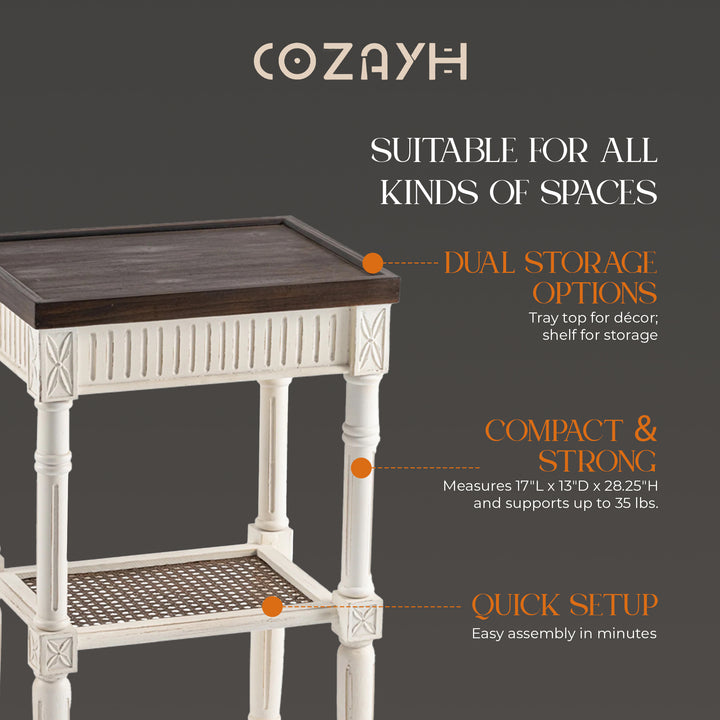 COZAYH French Country Accent End Table, Wood Tray Top Side Table, Brown & White
