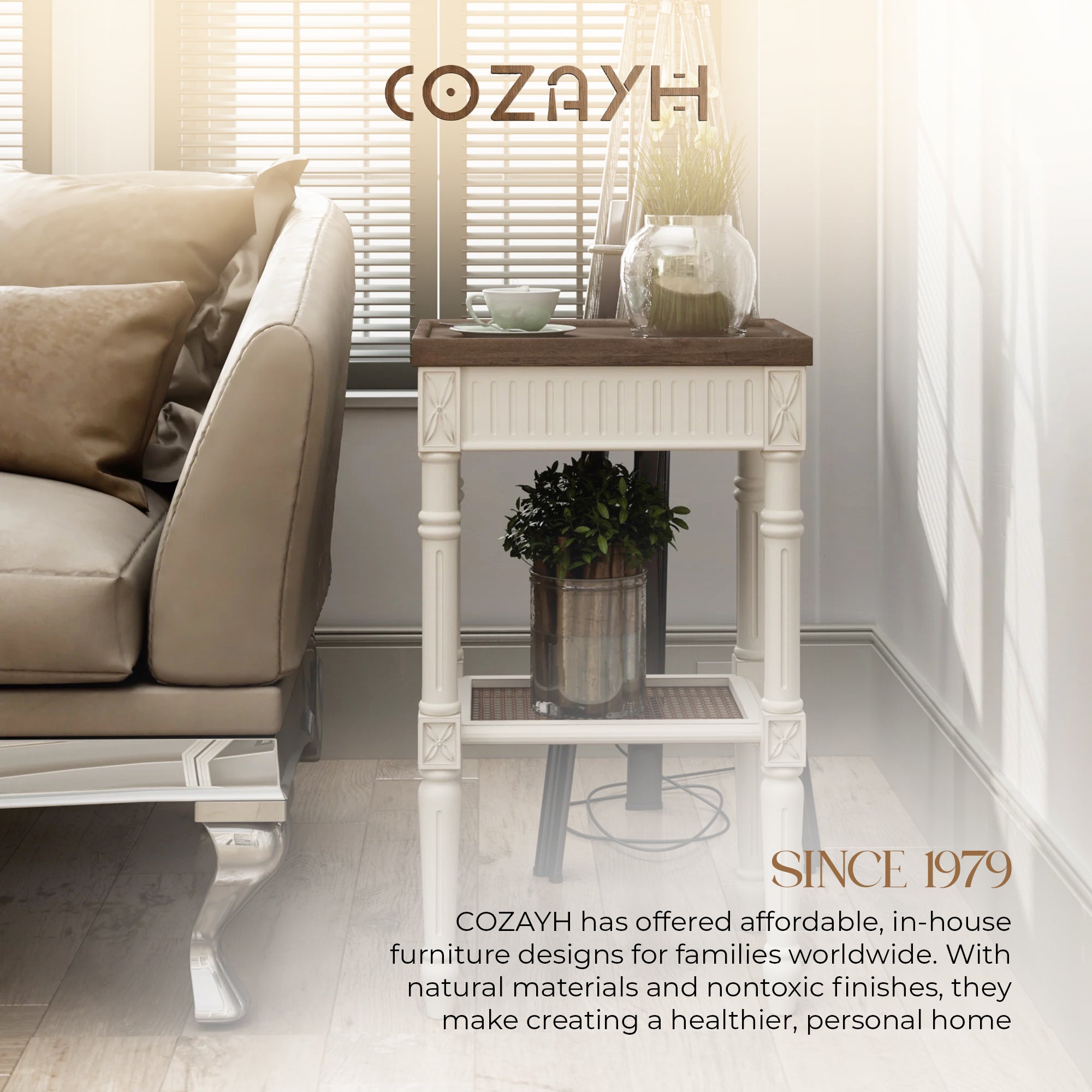 COZAYH French Country Accent End Table, Wood Tray Top Side Table, Brown & White