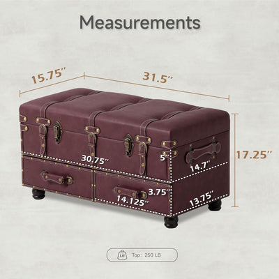 COZAYH Vintage Storage Bench Upholstered Wooden Ottoman Chest, Magenta, Set of 2
