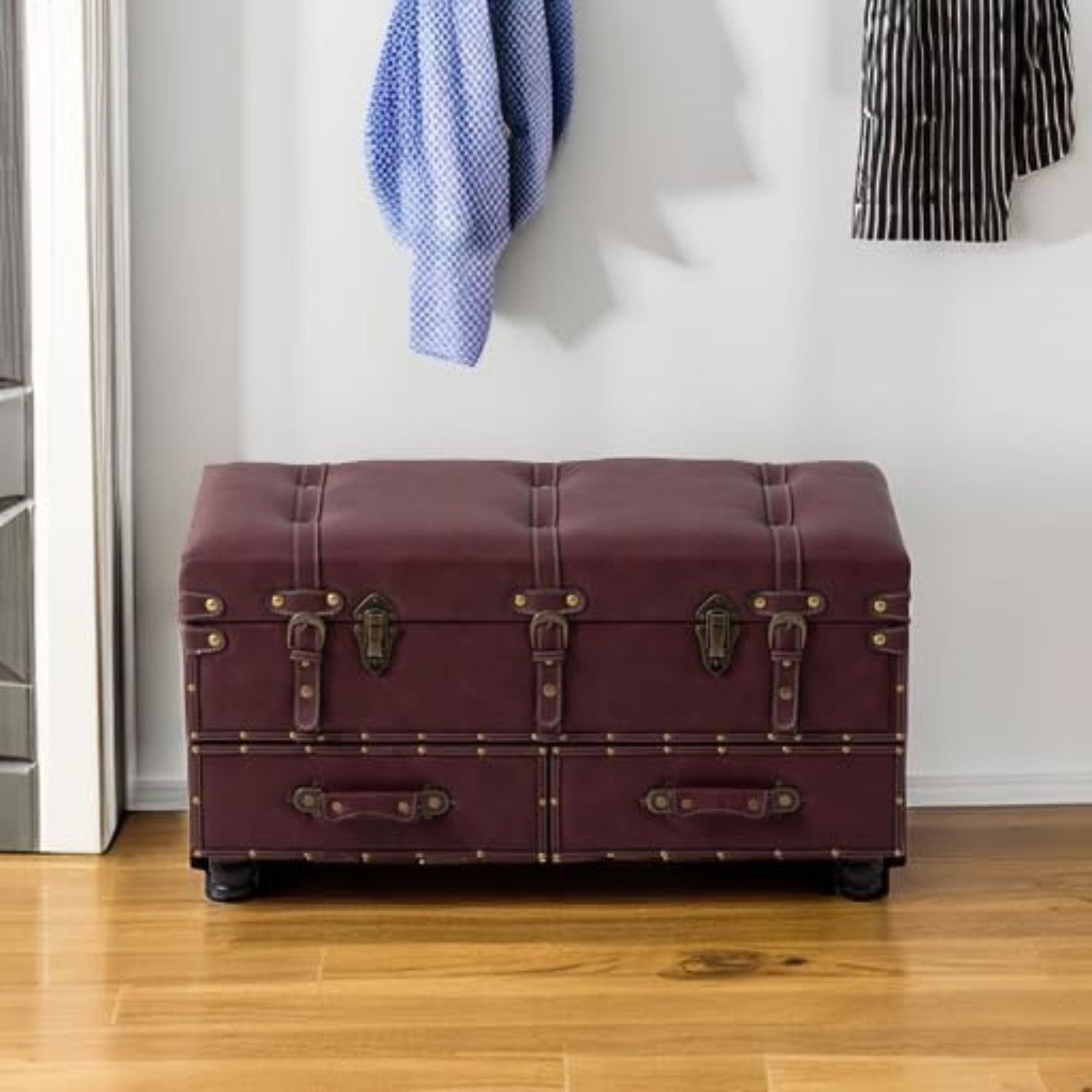 COZAYH Vintage Storage Bench Upholstered Wooden Ottoman Chest, Magenta, Set of 2