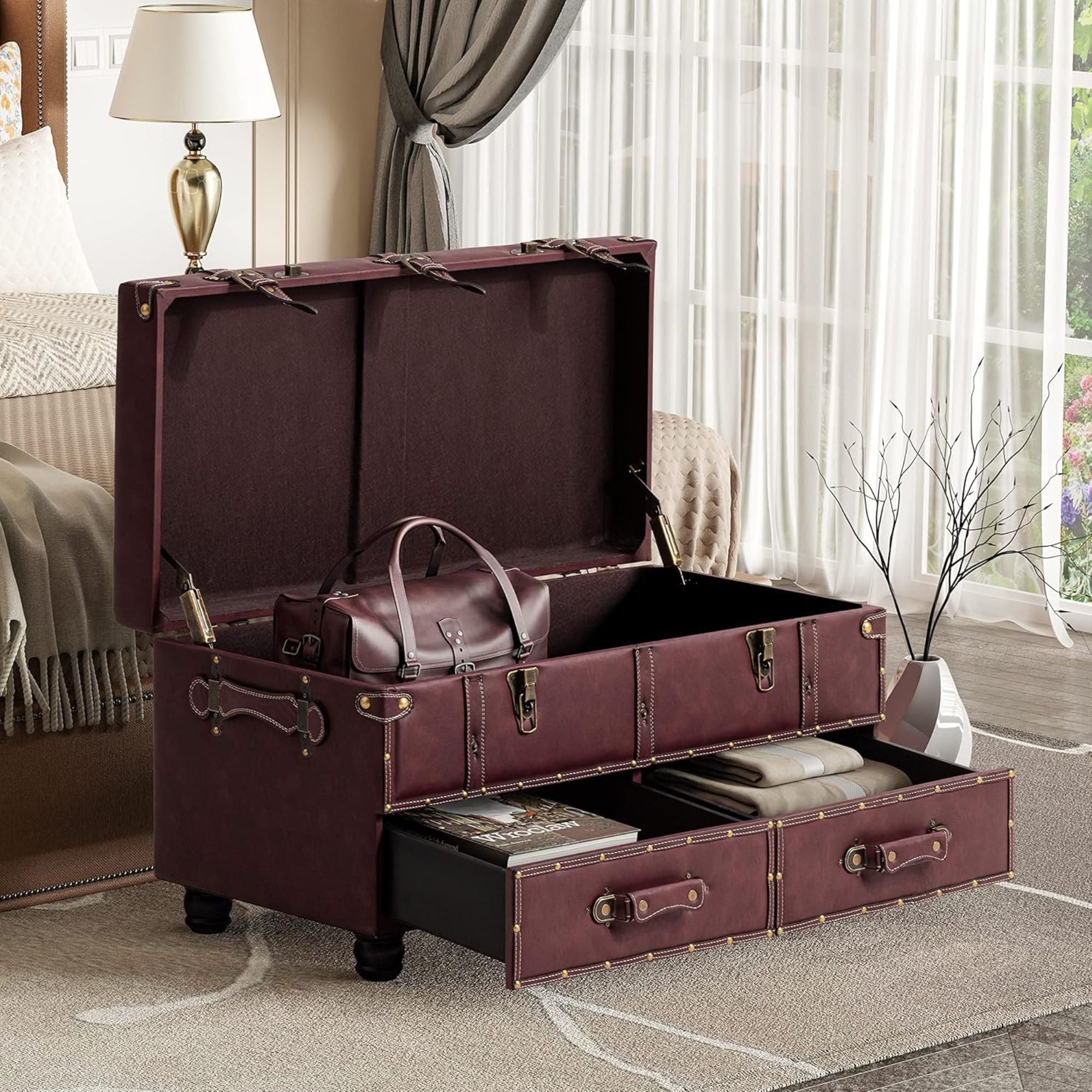 COZAYH Vintage Storage Bench Upholstered Wooden Ottoman Chest, Magenta, Set of 2