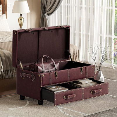 COZAYH Vintage Storage Bench Upholstered Wooden Ottoman Chest, Magenta, Set of 2