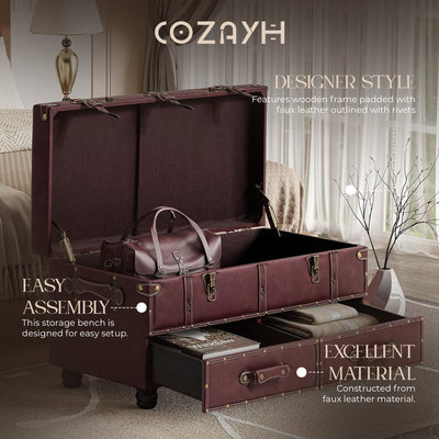 COZAYH Vintage Storage Bench, Upholstered Wooden Ottoman Bed Chest Box, Magenta - VMInnovations