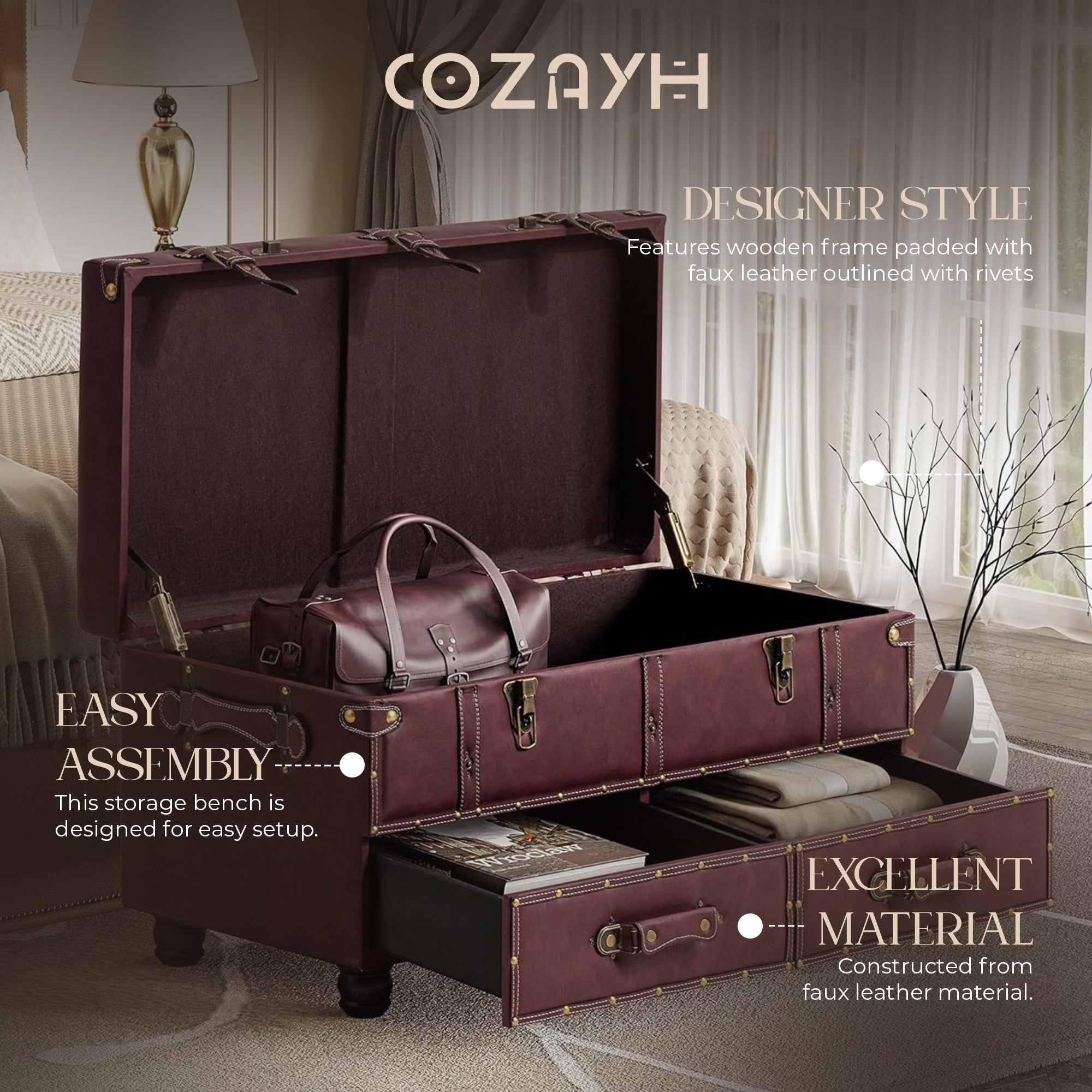 COZAYH Vintage Storage Bench, Upholstered Wooden Ottoman Bed Chest Box(Open Box) - VMInnovations