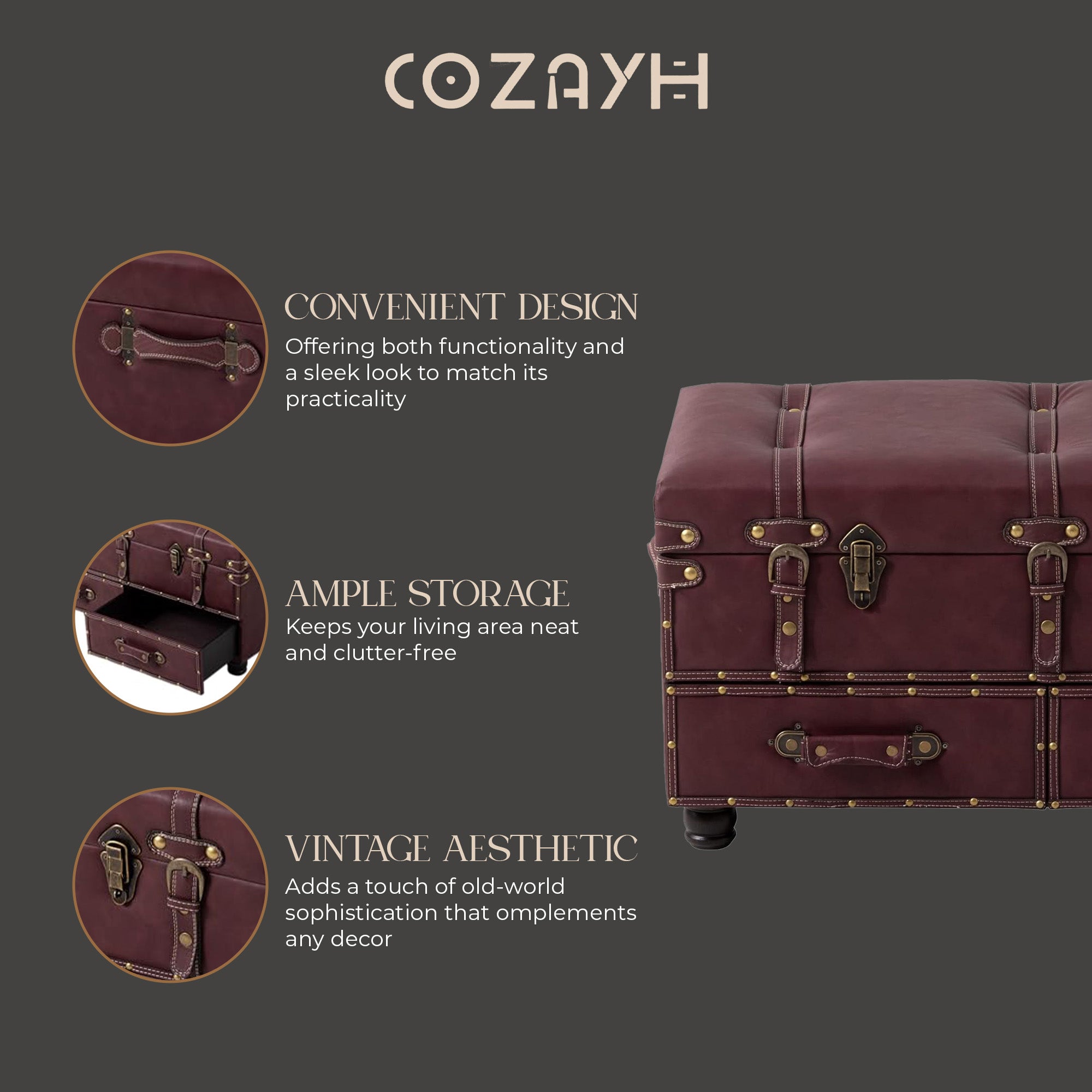COZAYH Vintage Storage Bench, Upholstered Wooden Ottoman Bed Chest Box(Open Box) - VMInnovations