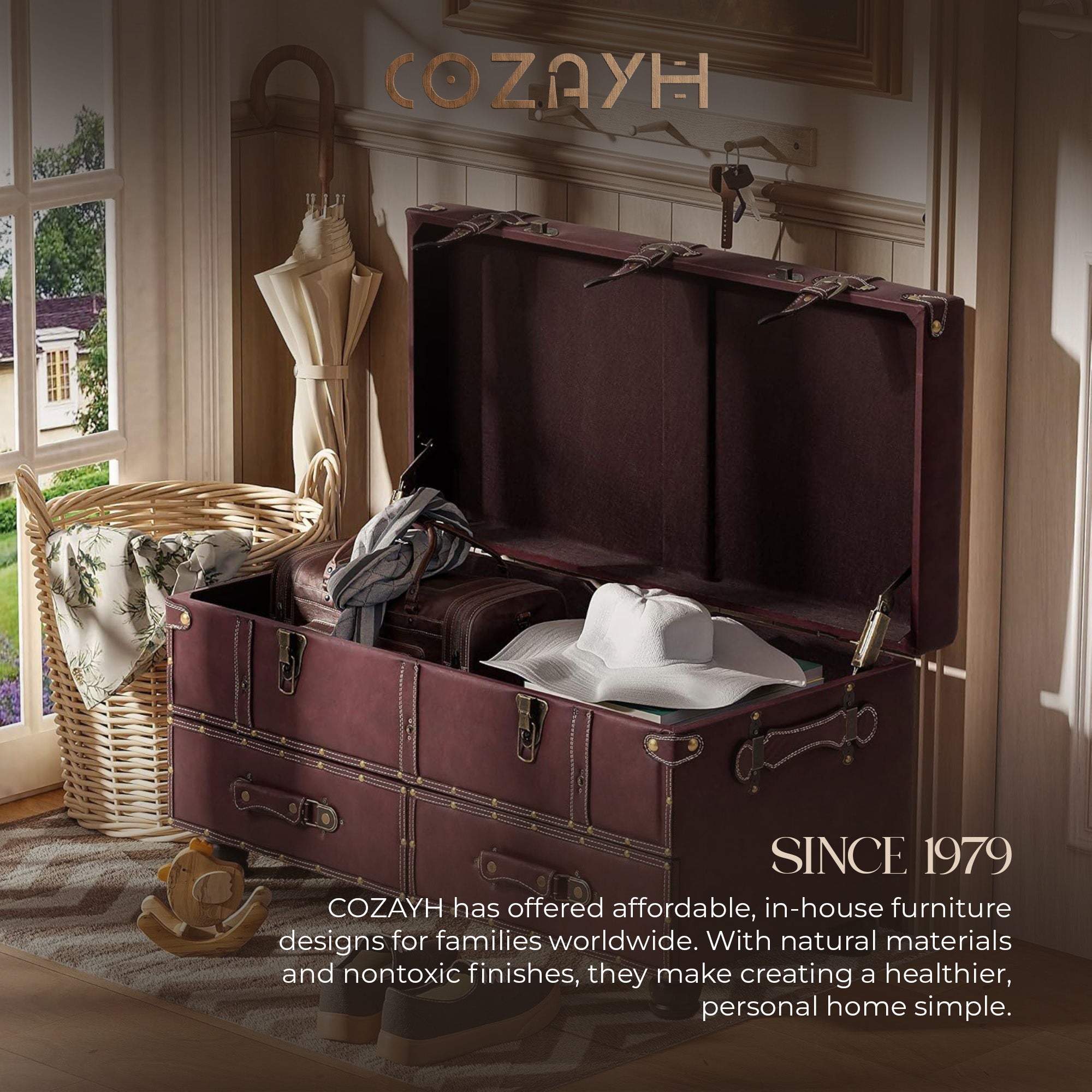 COZAYH Vintage Storage Bench, Upholstered Wooden Ottoman Bed Chest Box(Open Box)