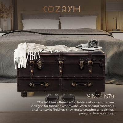 COZAYH Vintage Storage Bench, Upholstered Wooden Ottoman Chest Box, Black Brown