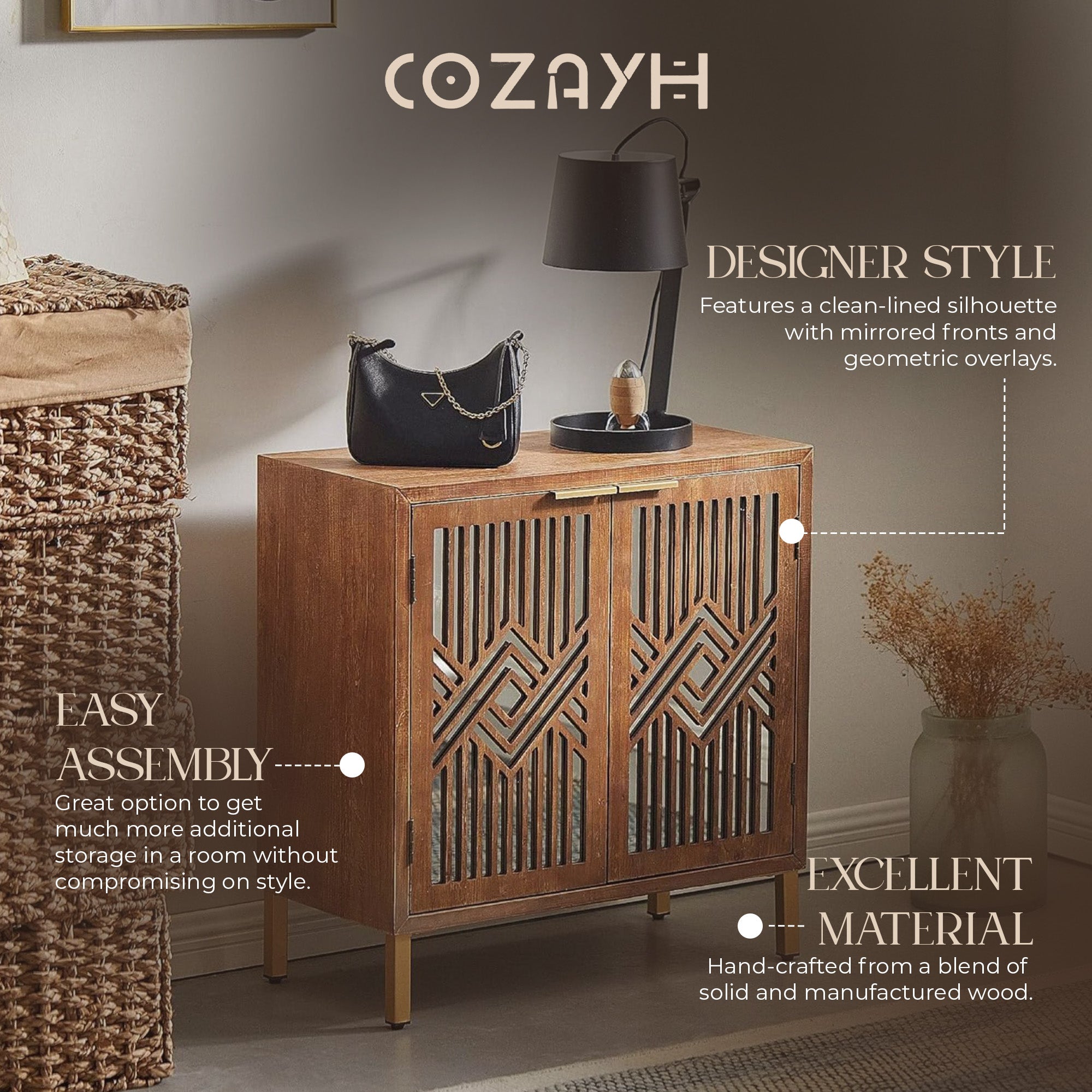 COZAYH 2 Door Modern Accent Cabinet Mirror Front Storage Sideboard, (Open Box) - VMInnovations