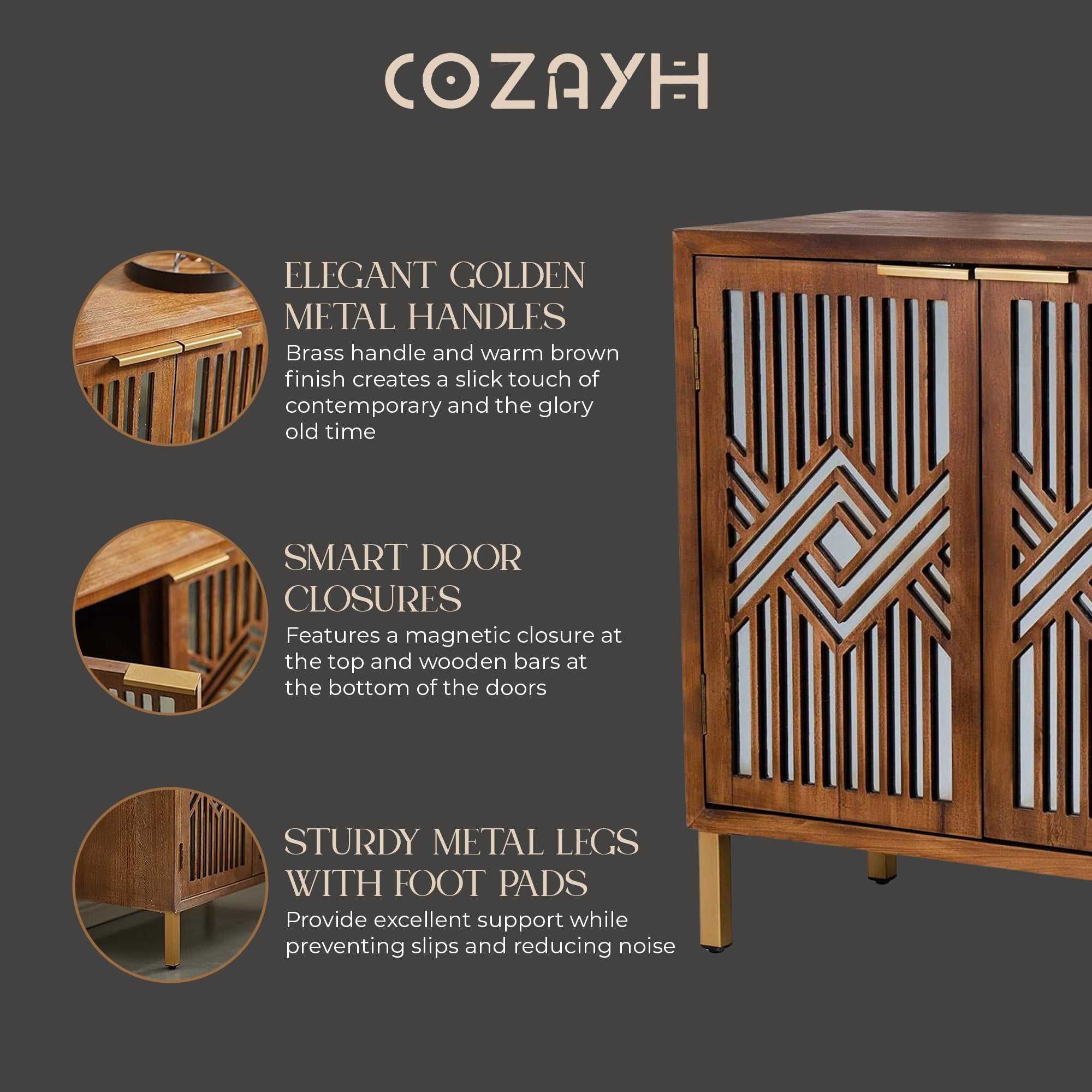 COZAYH 2 Door Modern Accent Cabinet Mirror Front Storage Sideboard, (Open Box)