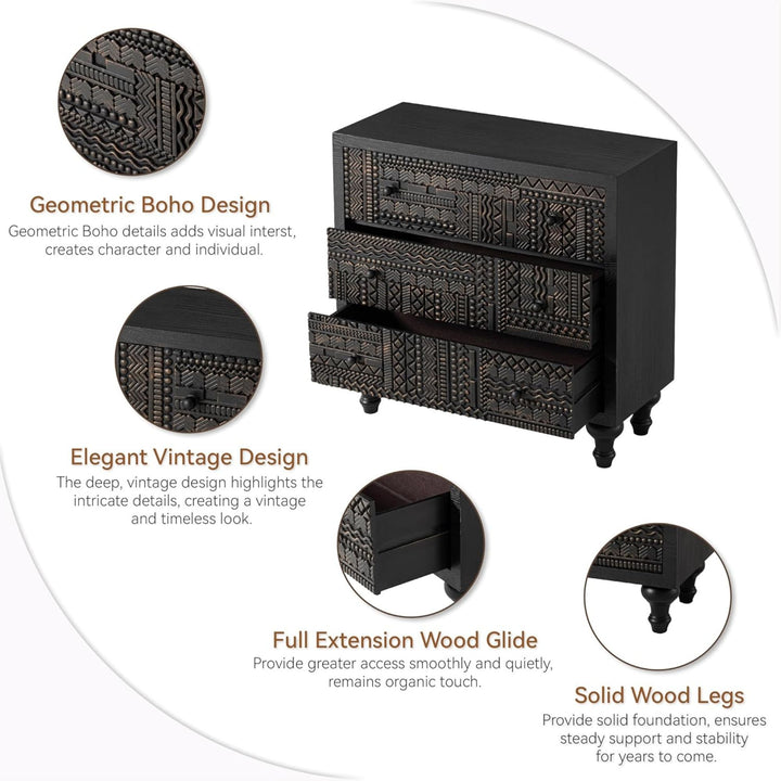 COZAYH Farmhouse 3 Drawer Home Bedroom Dresser with Geometric Pattern, Black