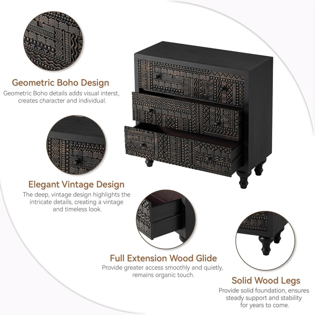 COZAYH Farmhouse 3 Drawer Home Dresser with Geometric Pattern, Black, Set of 2