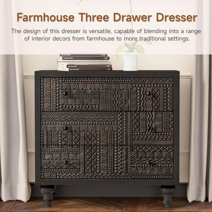 COZAYH Farmhouse 3 Drawer Home Bedroom Dresser with Geometric Pattern, Black