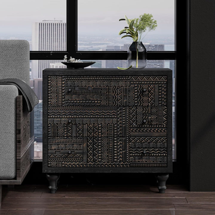 COZAYH Farmhouse 3 Drawer Home Dresser with Geometric Pattern, Black, Set of 2