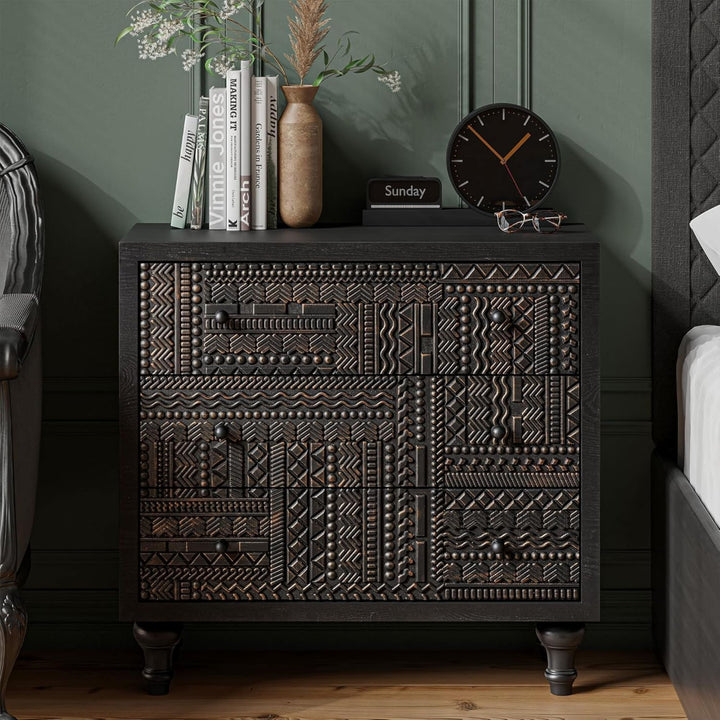 COZAYH Farmhouse 3 Drawer Home Bedroom Dresser with Geometric Pattern, Black