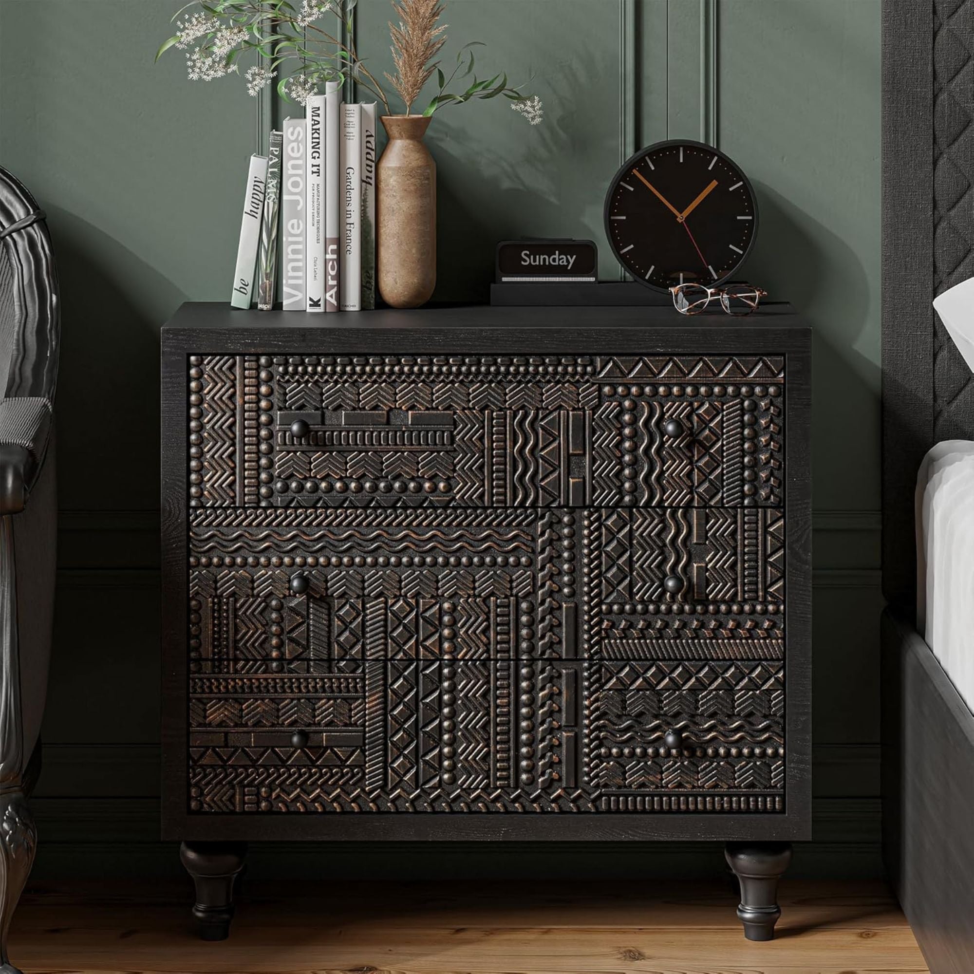 COZAYH Farmhouse 3 Drawer Home Bedroom Dresser with Geometric Pattern (Open Box)