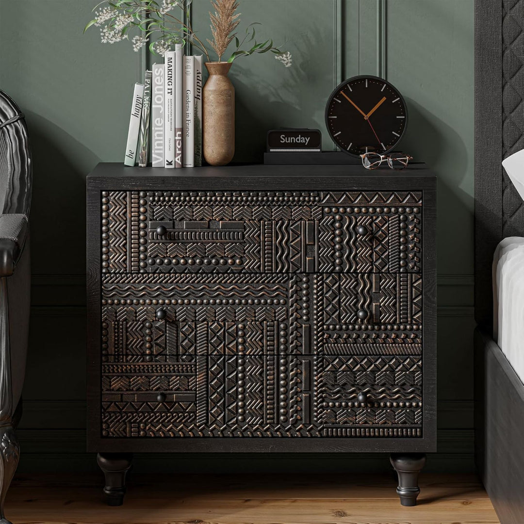 COZAYH Farmhouse 3 Drawer Home Dresser with Geometric Pattern, Black, Set of 2