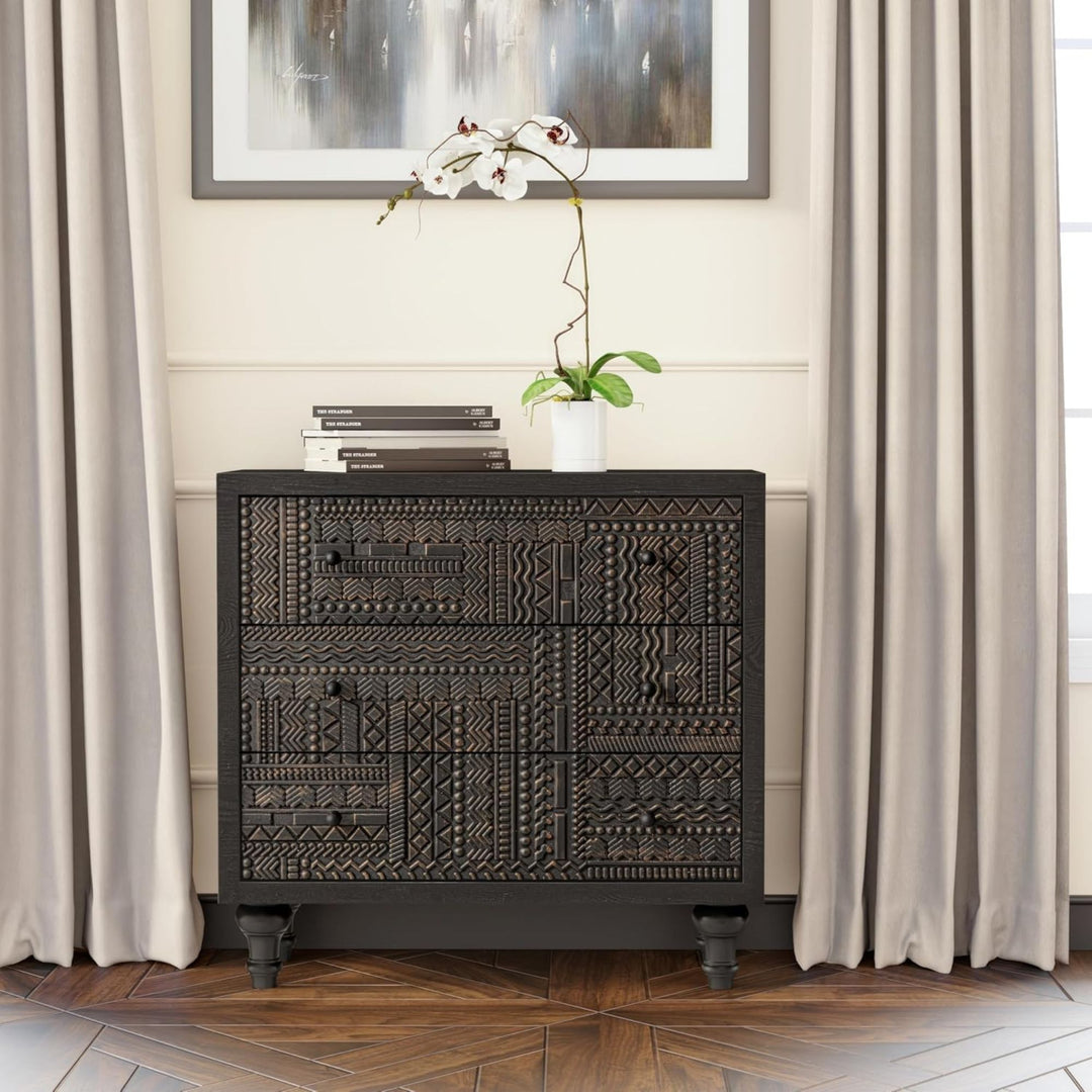 COZAYH Farmhouse 3 Drawer Home Dresser with Geometric Pattern, Black, Set of 2