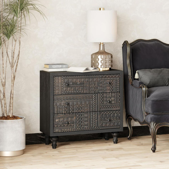 COZAYH Farmhouse 3 Drawer Home Bedroom Dresser with Geometric Pattern, Black