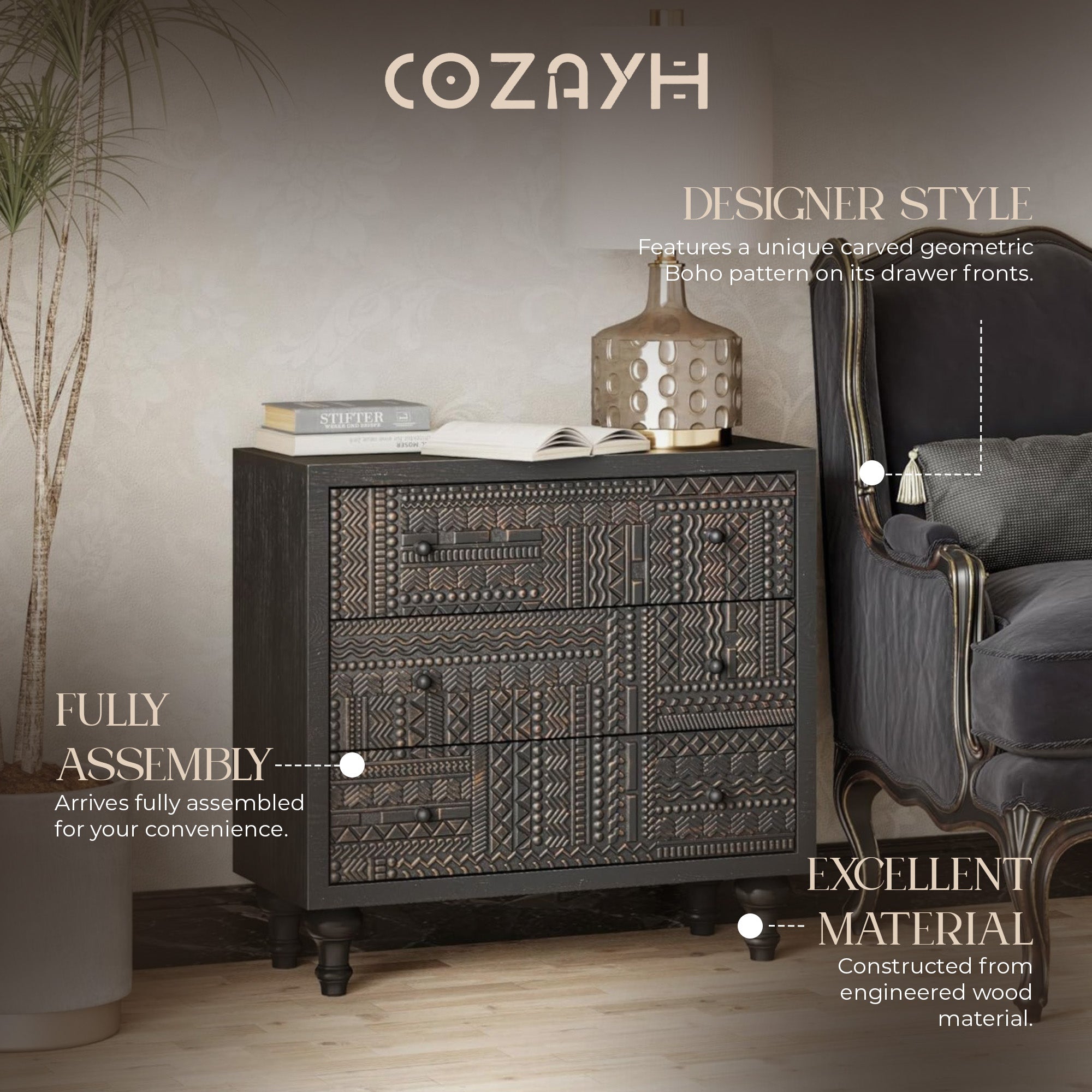COZAYH Farmhouse 3 Drawer Home Bedroom Dresser with Geometric Pattern (Open Box) - VMInnovations