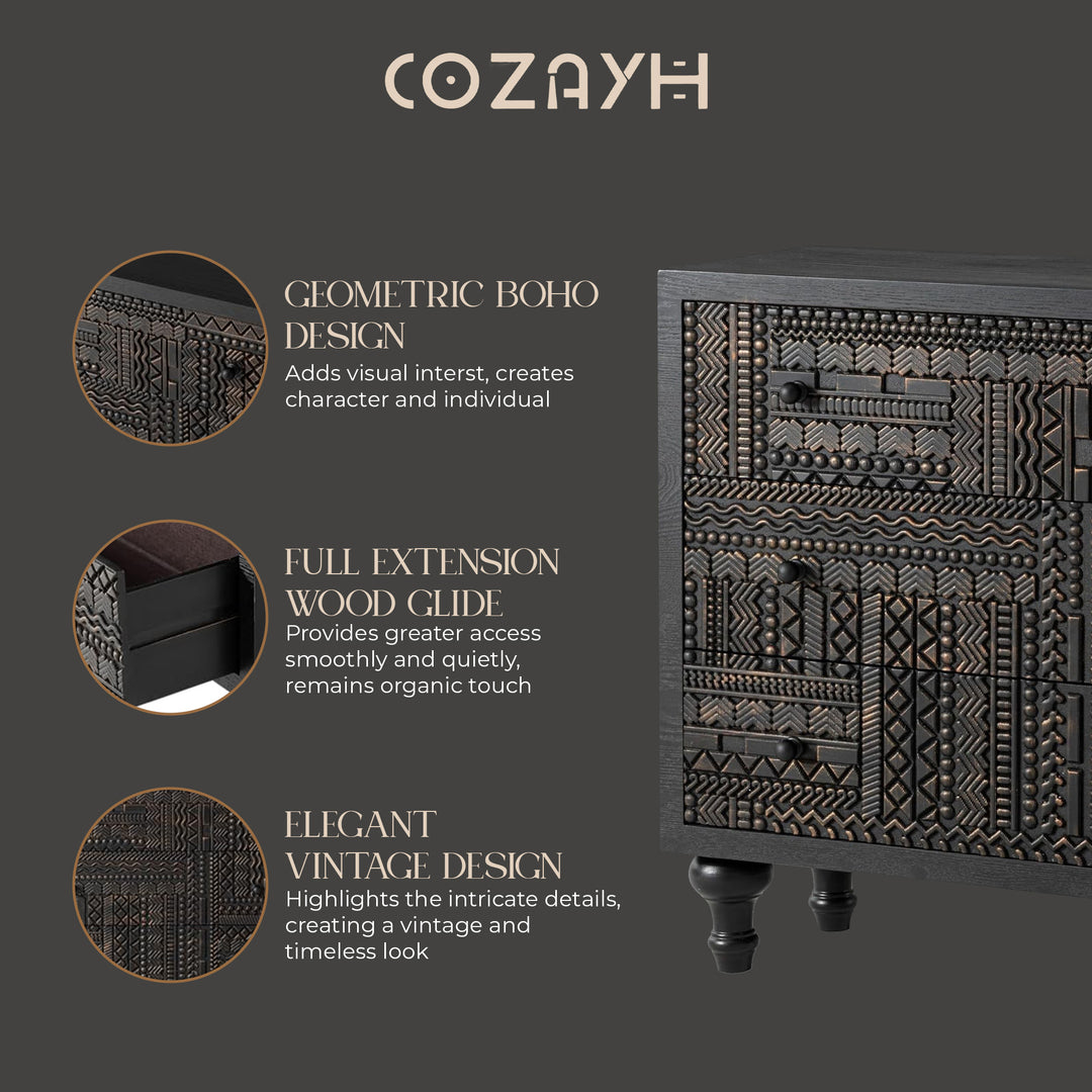 COZAYH Farmhouse 3 Drawer Home Dresser with Geometric Pattern, Black, Set of 2