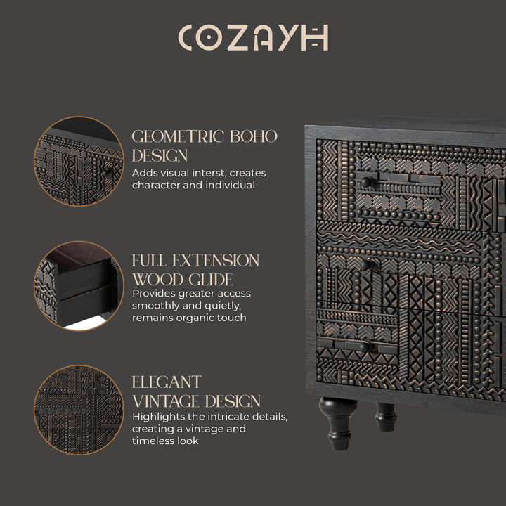COZAYH Farmhouse 3 Drawer Home Dresser with Geometric Pattern, Black, Set of 2