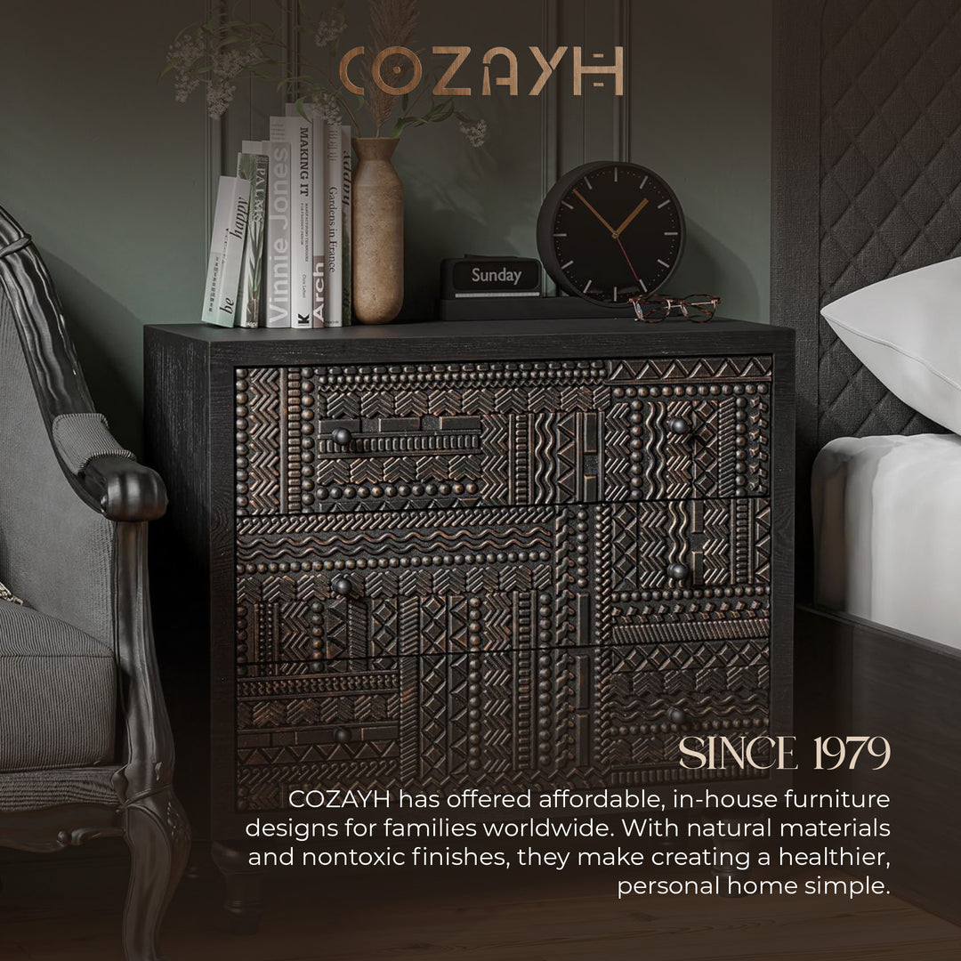 COZAYH Farmhouse 3 Drawer Home Bedroom Dresser with Geometric Pattern, Black